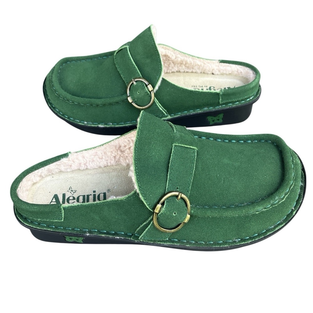 Alegria PG Lite Brigid Suede Clogs Green Sherpa Fur Womens Size 38 US 8-8.5 Cozy